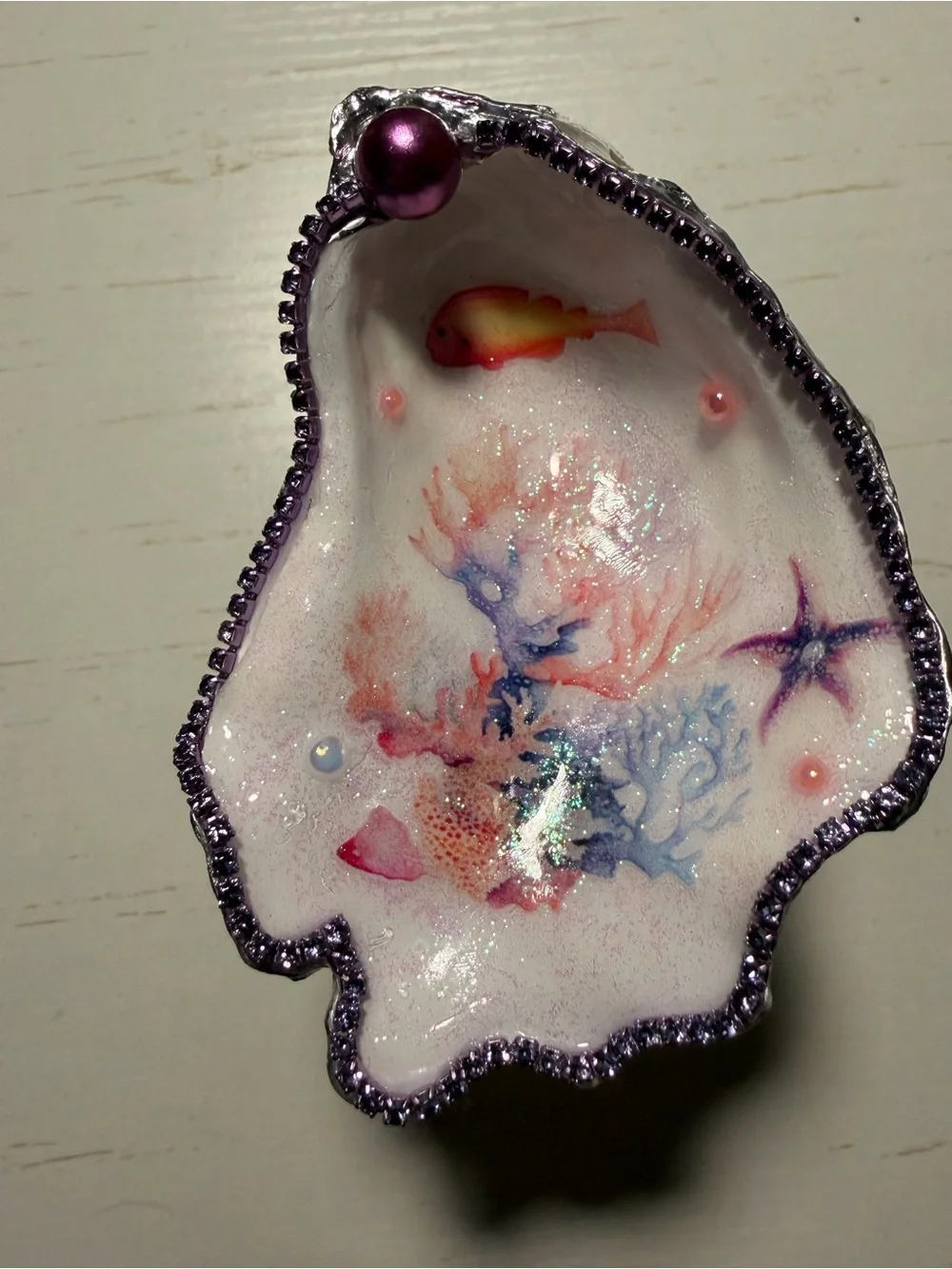 Handmade decoupage coral under the sea oyster shell trinket dish on stand
